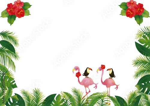水彩風　フラミンゴとオオハシのトロピカル熱帯植物の飾りセットフレーム1 Summer Tropical Series:Watercolor Tropicall Frame with Leaves,Birds,Hibiscus