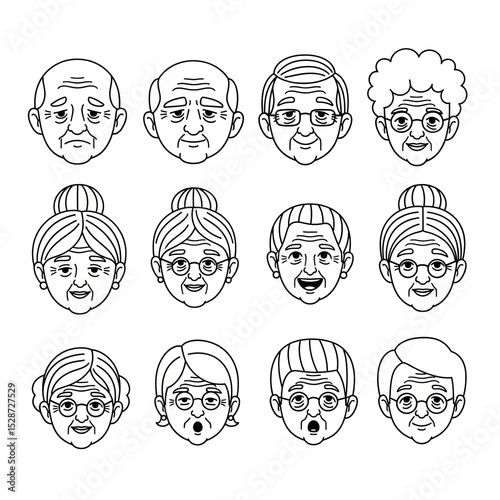 Diverse Senior Faces Vector Set: A Collection of Unique and Expressive Elderly Character Head Illustrations in Clean Black and White Line Art, Ideal for Healthcare, Family, and Generational Themes