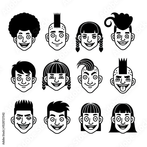 Diverse Crowd: Collection of Fun, Cartoon Faces in Black and White, Demonstrating Individuality, Expression, and a Range of Hairstyles and Expressions in a Bold Graphic Style