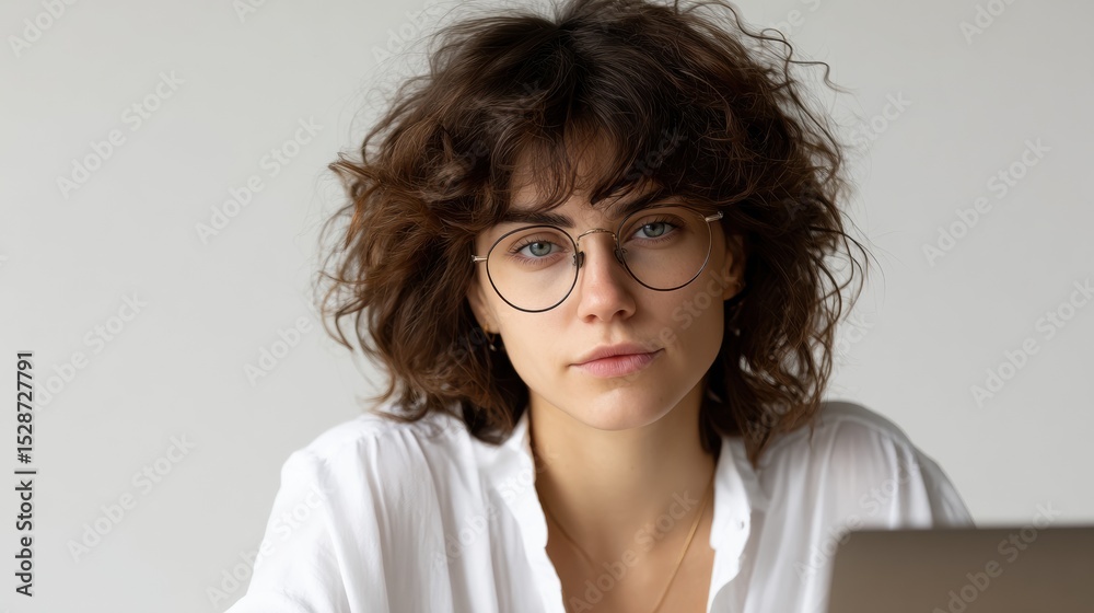 Fototapeta premium Young woman with curly hair and glasses focused while working on a laptop.