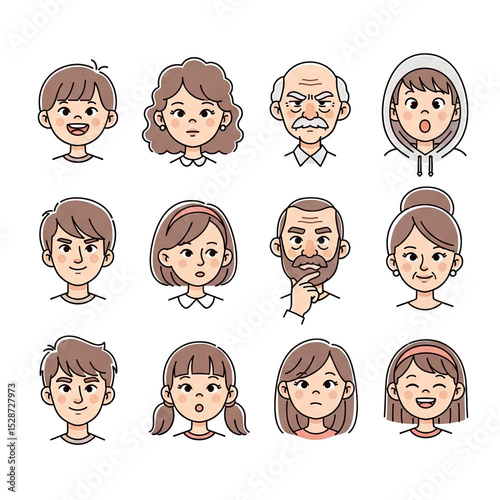 A Diverse Cartoon Family Portrait: Expressive Characters Spanning Generations and Emotions, Ideal for Illustration, Education, and Family-Themed Projects for all kinds of Media