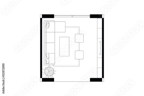 Minimal Seating Area Floor Plan. Vector Black Lines on White Background. 1