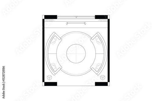 Circular Seating Area Floor Plan. Vector Black Lines on White Background. 3