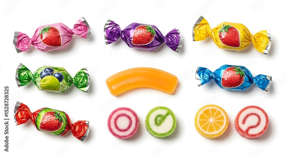 Naklejka premium A flat lay of assorted wrapped candies and unwrapped fruit flavored gummies