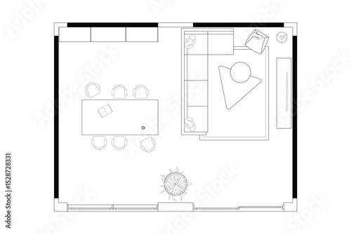 Open Concept Living and Library Floor Plan. Vector Black Lines on White Background. 3