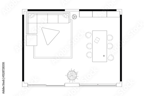 Open Concept Living and Library Floor Plan. Vector Black Lines on White Background. 4