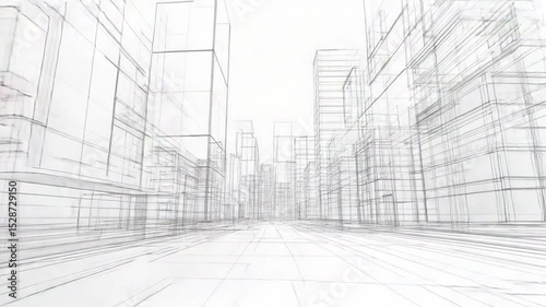 City Blueprint Perspective: An ethereal, technical blueprint rendering of a cityscape stretches into the distance, capturing the essence of urban design.