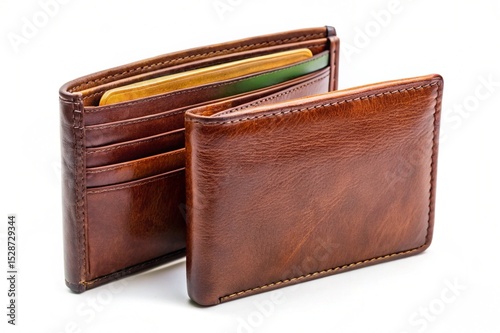 A brown leather wallet with a blue and yellow card inside