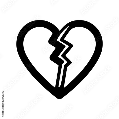 A stark black and white graphic of a broken heart, split by a jagged line.