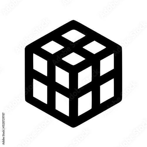 A black outline of a three-dimensional cube, divided into smaller squares.