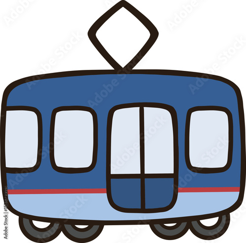 A cartoon of a blue tram with a red stripe on the side.