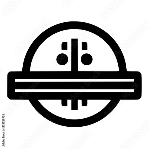 Stylized circular emblem featuring a central face-like design with geometric details and a horizontal bar below.