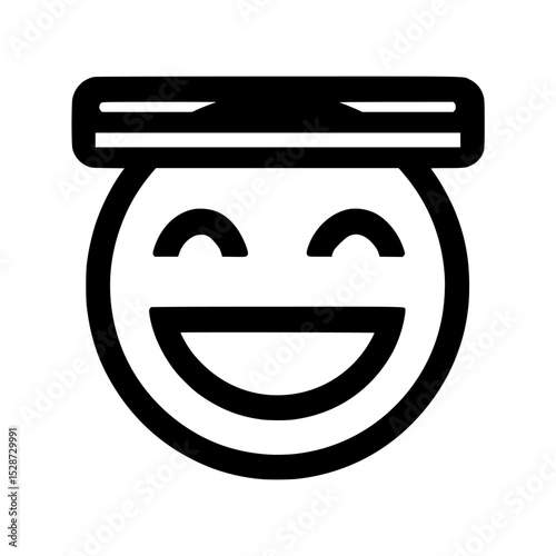 Simple black and white graphic of a smiling face with a rectangular object on top.
