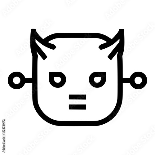 Minimalist line drawing of a devil face with horns and circular side details.