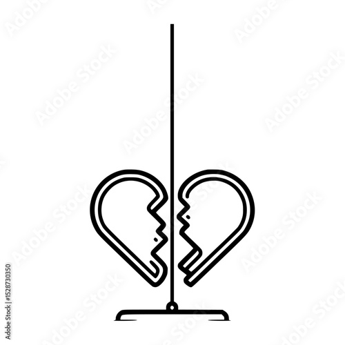 Minimalist line art of two facing profiles forming a broken heart, suspended from a vertical line.