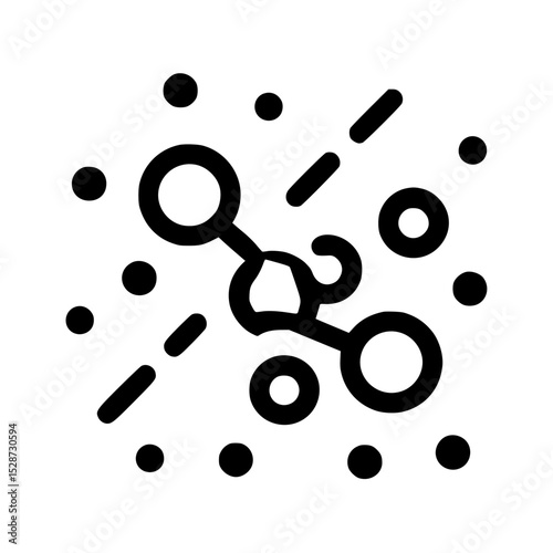Abstract black and white illustration of interconnected shapes and dots.