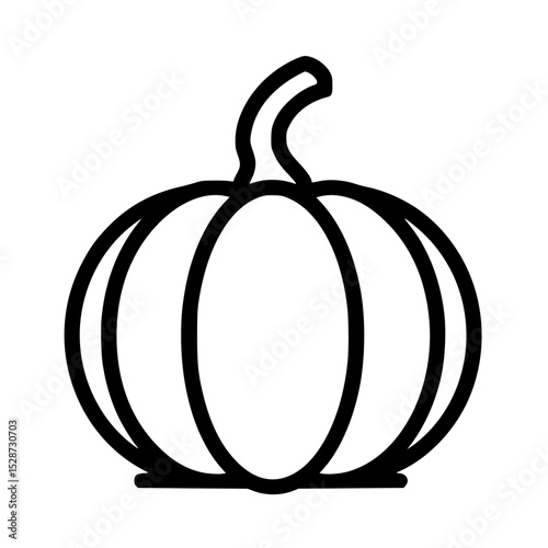 Simple line drawing of a pumpkin with a curved stem, isolated on a white background.