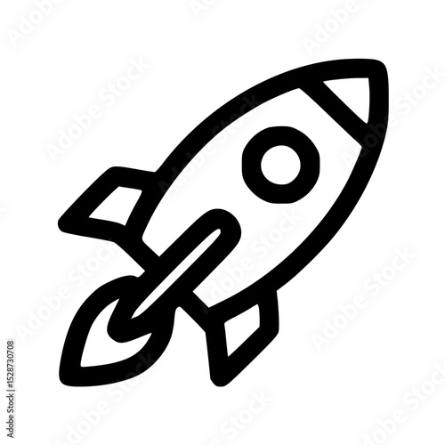 Simple black line drawing of a rocket launching into space.