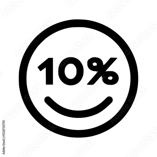 A black and white graphic of a 10% discount symbol with a smiley face.