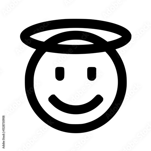 Simple black and white illustration of a smiling face with a halo above its head.