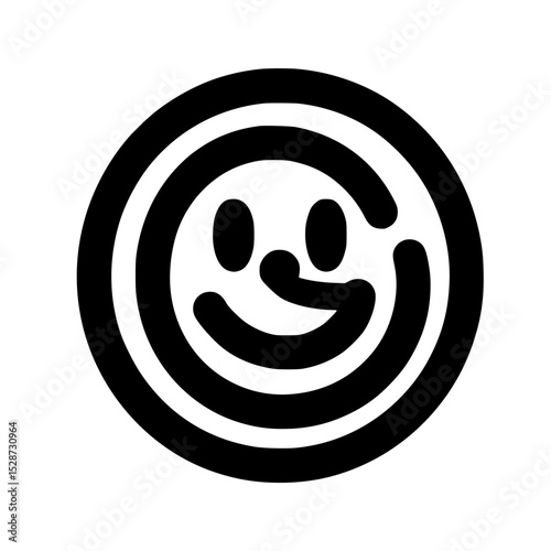 Stylized black and white drawing of a smiling face within concentric circles.
