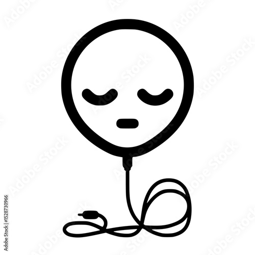 A black and white graphic of a sleepy balloon-shaped emoticon with a charging cable.