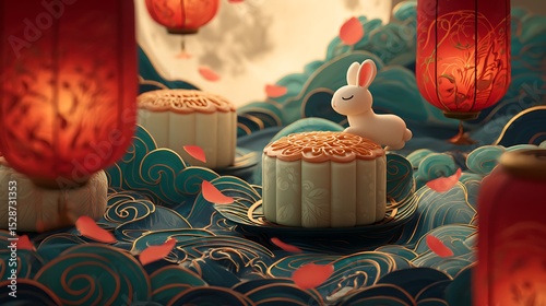 Mid-Autumn Festival Mooncakes and Cute Rabbit