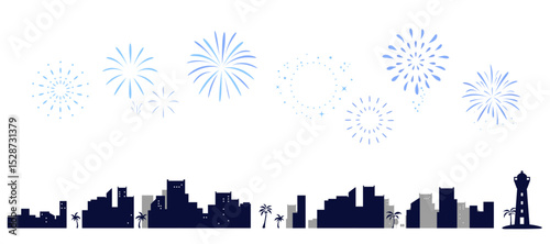 海辺の街並みと花火のシルエットのフレームイラスト　背景イラスト　都市景観