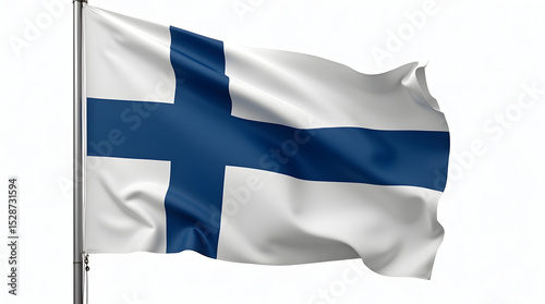 Photorealistic flag of Finland with a blue Nordic cross on a white background. Isolated on white with realistic folds, soft fabric texture, and sharp focus.