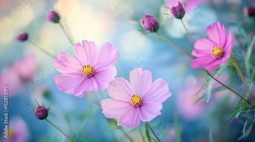 Fototapeta Naklejka Na Ścianę i Meble -  Three pink cosmos flowers with yellow centers in a garden setting with blurred background.