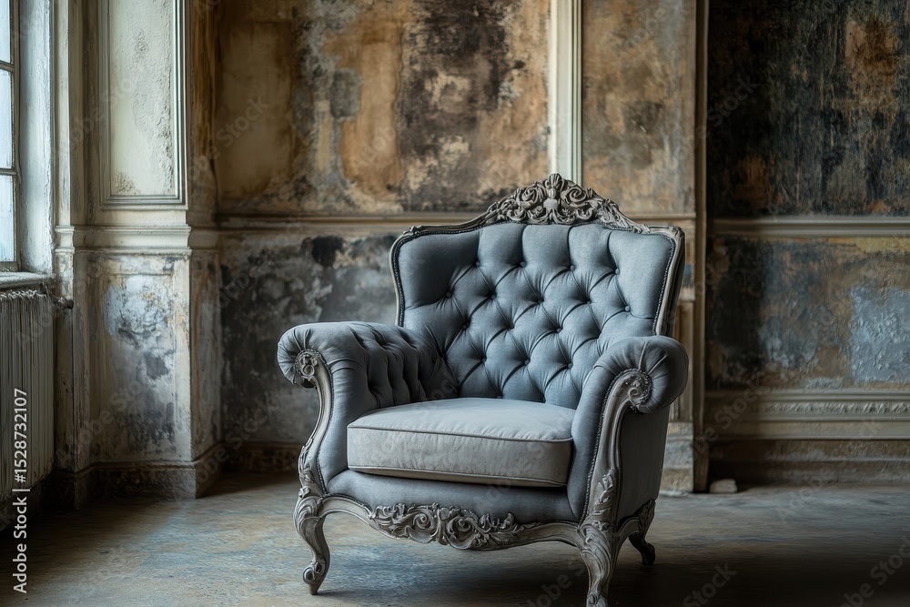 Fototapeta premium French Chair. Antique Armchair with Quilted Grey Seat and Ornate Carvings