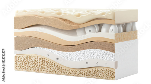 Cross-Section of Multi-Layered Material with Textured Foam and Supportive Structures for Comfort