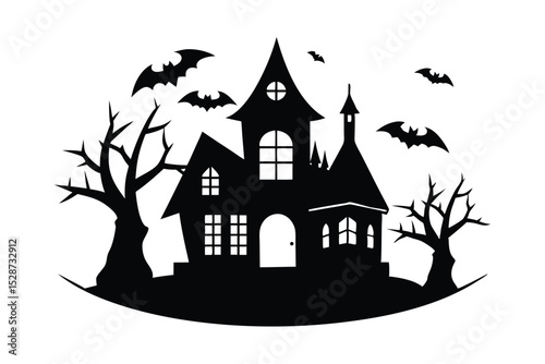 Haunted house with spooky windows and bats vector art illustration