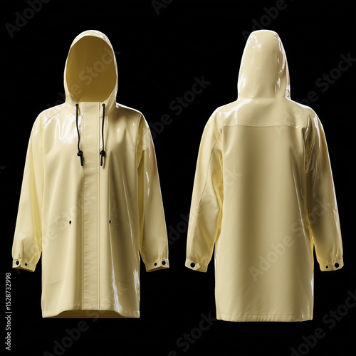mock up raincoat top, pale yellow raincoat , front view and back view, smooth material texture, solid black background, Photography, ai generated images.