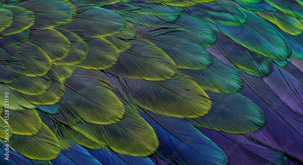 Obraz premium A vibrant tapestry of iridescent green and blue feathers, overlapping in a mesmerizing pattern