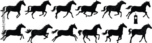 Silhouettes of galloping horses, wild stallion run animation sequence, vector illustration for motion study, equine artwork,