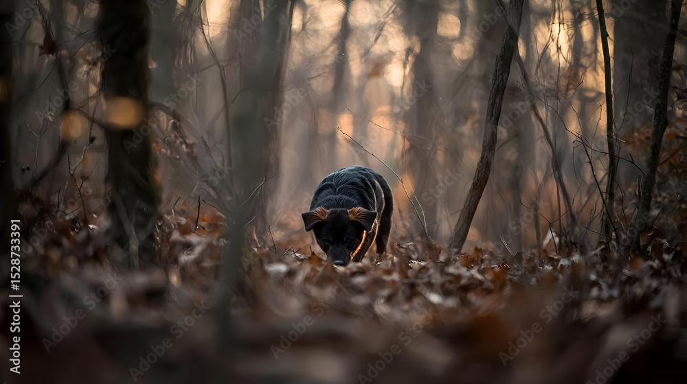 Obraz premium Black Dog Exploring Autumn Forest