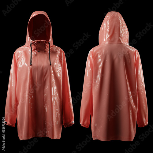 mock up raincoat top, pale red raincoat , front view and back view, smooth material texture, solid black background, Photography, ai generated images.