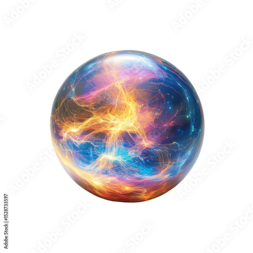 Vibrant Energetic Sphere with Colorful Light Trails and Cosmic Background in Abstract Form