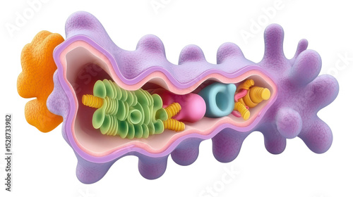 Detailed 3D Illustration of a Cellular Structure with Organelles and Membrane Design Elements
