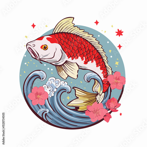 Elegant Japanese koi fish in vector with waves and sakura petals, traditional tattoo-style illustration for t-shirt design