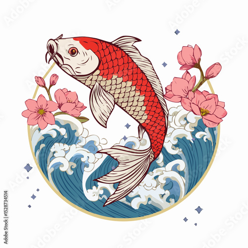 Elegant Japanese koi fish in vector with waves and sakura petals, traditional tattoo-style illustration for t-shirt design