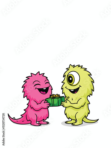 Two whimsical monsters with bright colors, each grasping a corner of a wrapped gift box, displaying excitement..eps