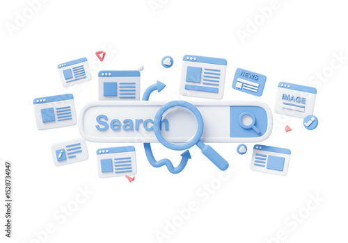 3D Cartoon Search Engine Magnifier isolated on a transparent background