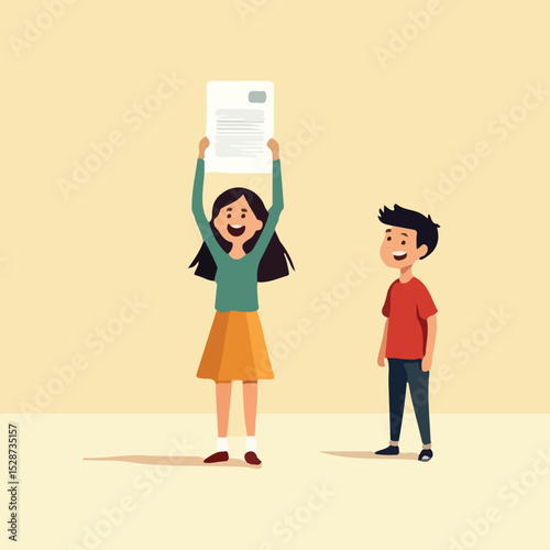 Stick figure girl holding acceptance letter with pride, boy in background, half smiling..eps
