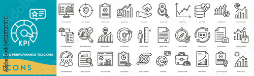 KPI and Performance Tracking icon set. Metric Monitor, Goal Tracker, Status Board, Budget Bar, Cost Cloud, Insight Lens, Trend Line and Data Pulse