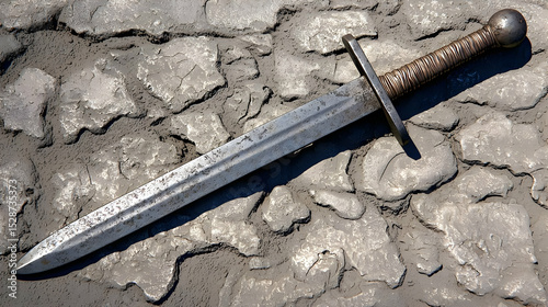 Rusty sword on cracked, gray stone.  Aged,  metal blade,  wooden handle,  medieval style