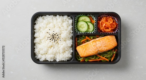 Clean flat lay of a bento box with rice, pickled vegetables, and grilled salmon, arranged with symmetry on a neutral background