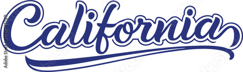 California Script Text with Blue Outline and Tail Isolated on White