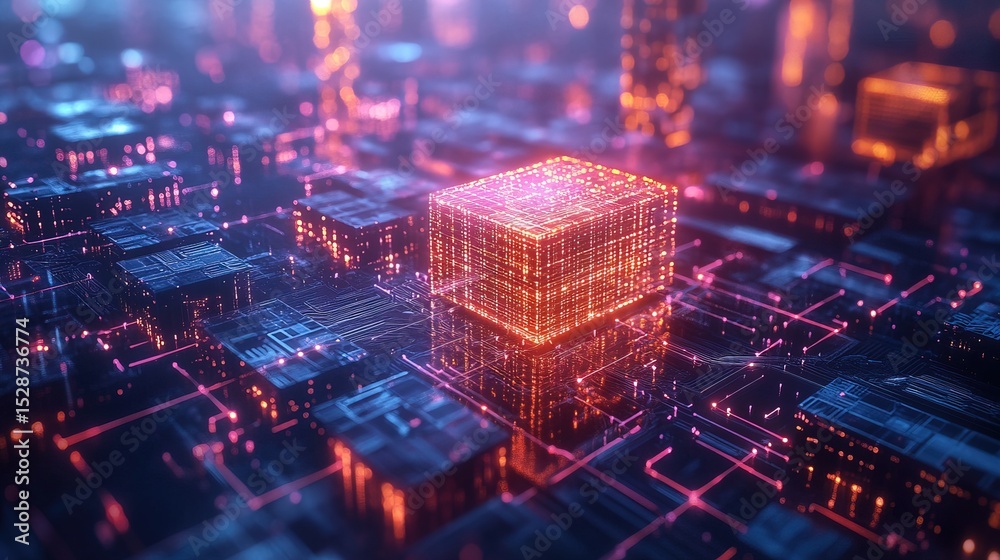 Fototapeta premium A glowing 3D blockchain ledger floating above a smart city 